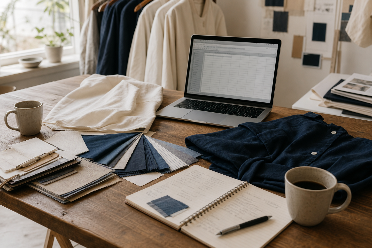 A small fashion brand's studio worktable: fabric swatches, a notebook and a laptop during a working session